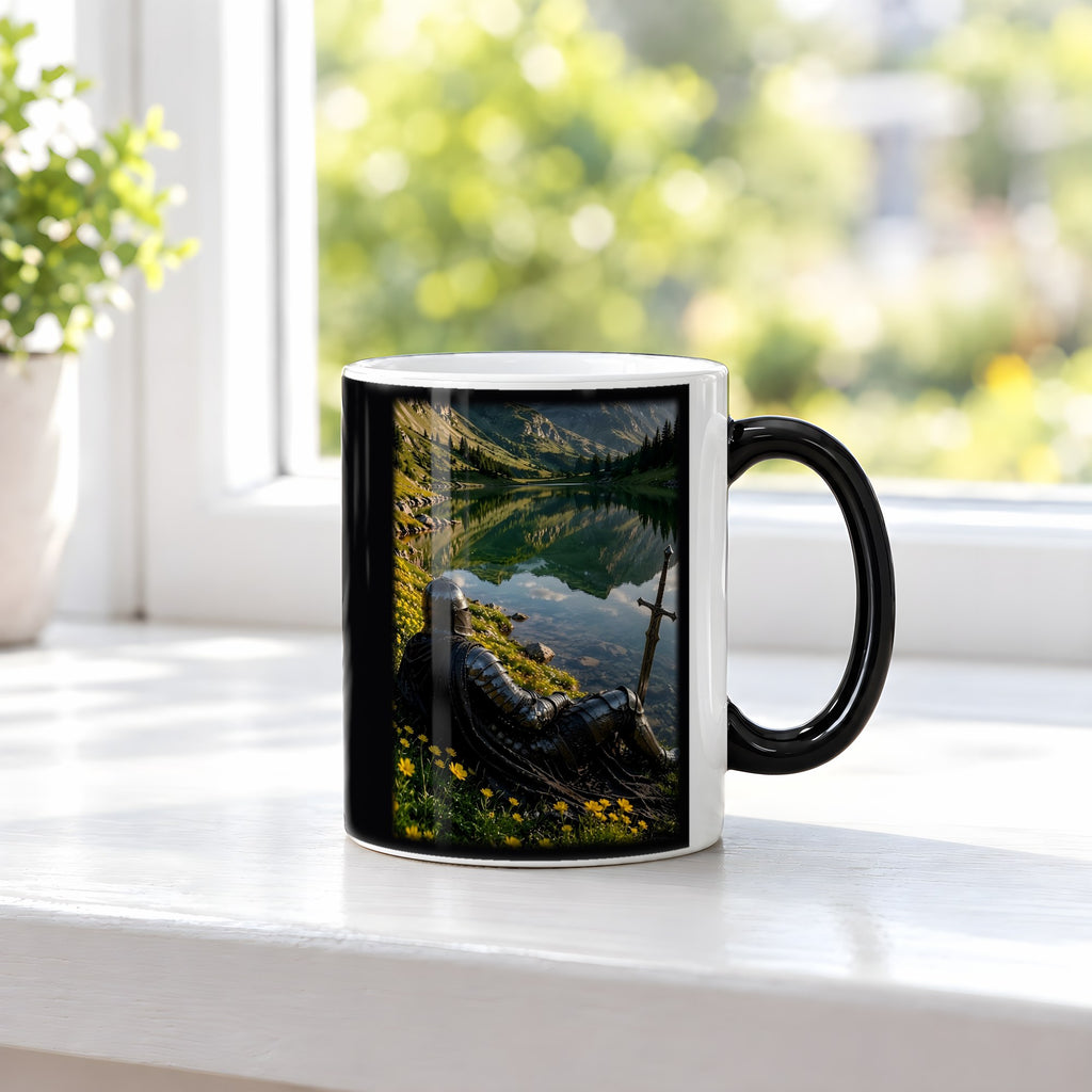 Ruhe am Bergsee – Black Edition Zaubertasse mit Motiv (heiß), auf der Fensterbank
