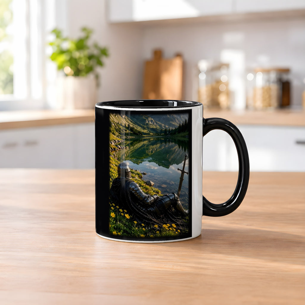 Ruhe am Bergsee – Tasse innen schwarz, auf dem Küchentresen