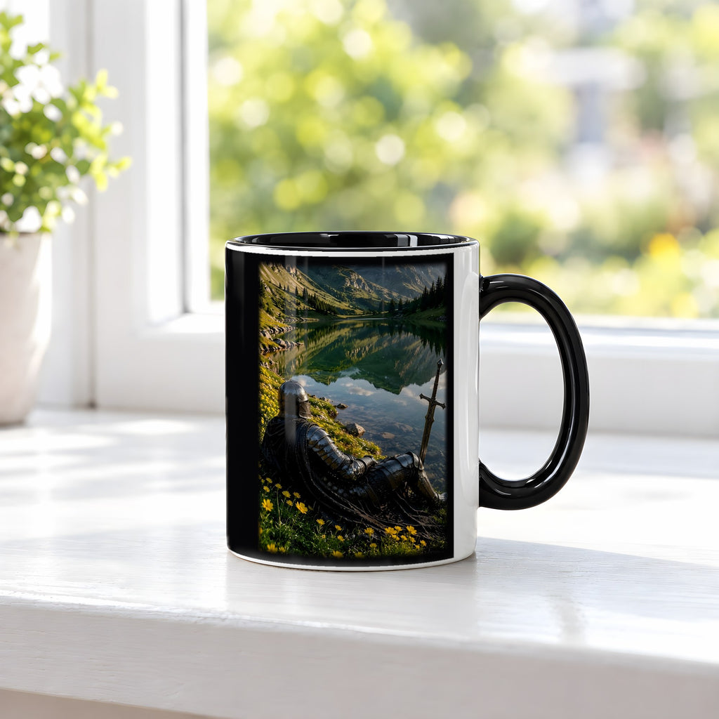 Ruhe am Bergsee – Tasse innen schwarz, auf der Fensterbank
