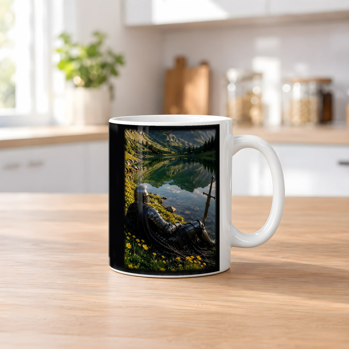 Ruhe am Bergsee – weiße Tasse, auf dem Küchentresen
