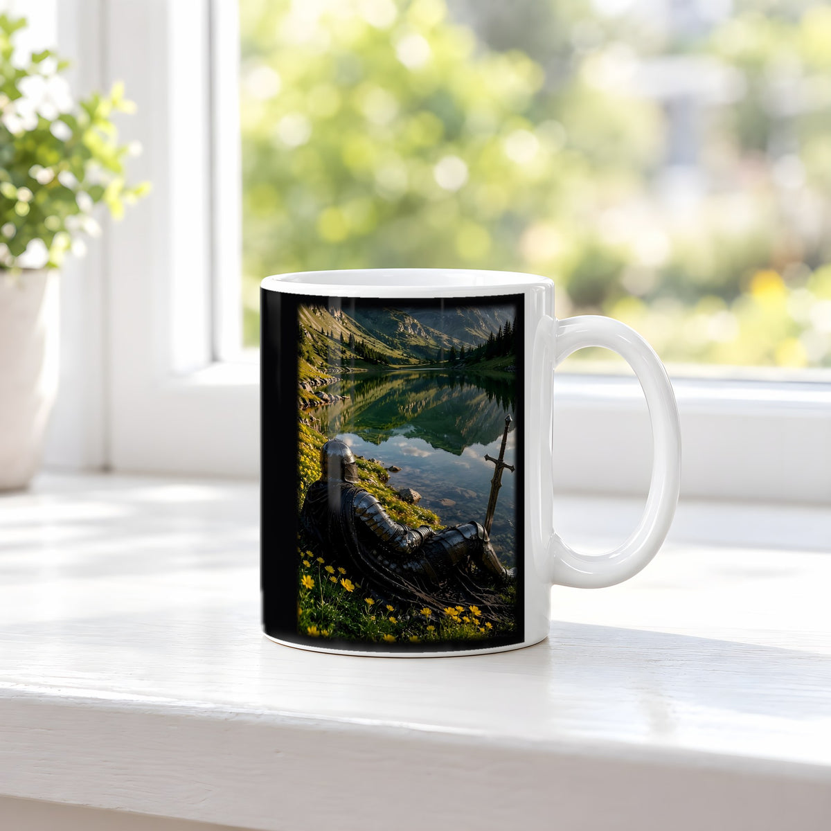 Ruhe am Bergsee – weiße Tasse, auf der Fensterbank