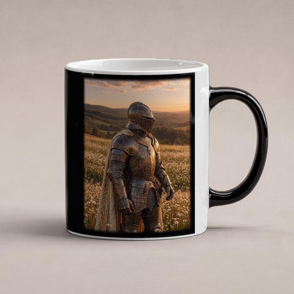 Der Ritter der Blumenwiesen – Black Edition Zaubertasse mit Motiv (heiß), freigestellt