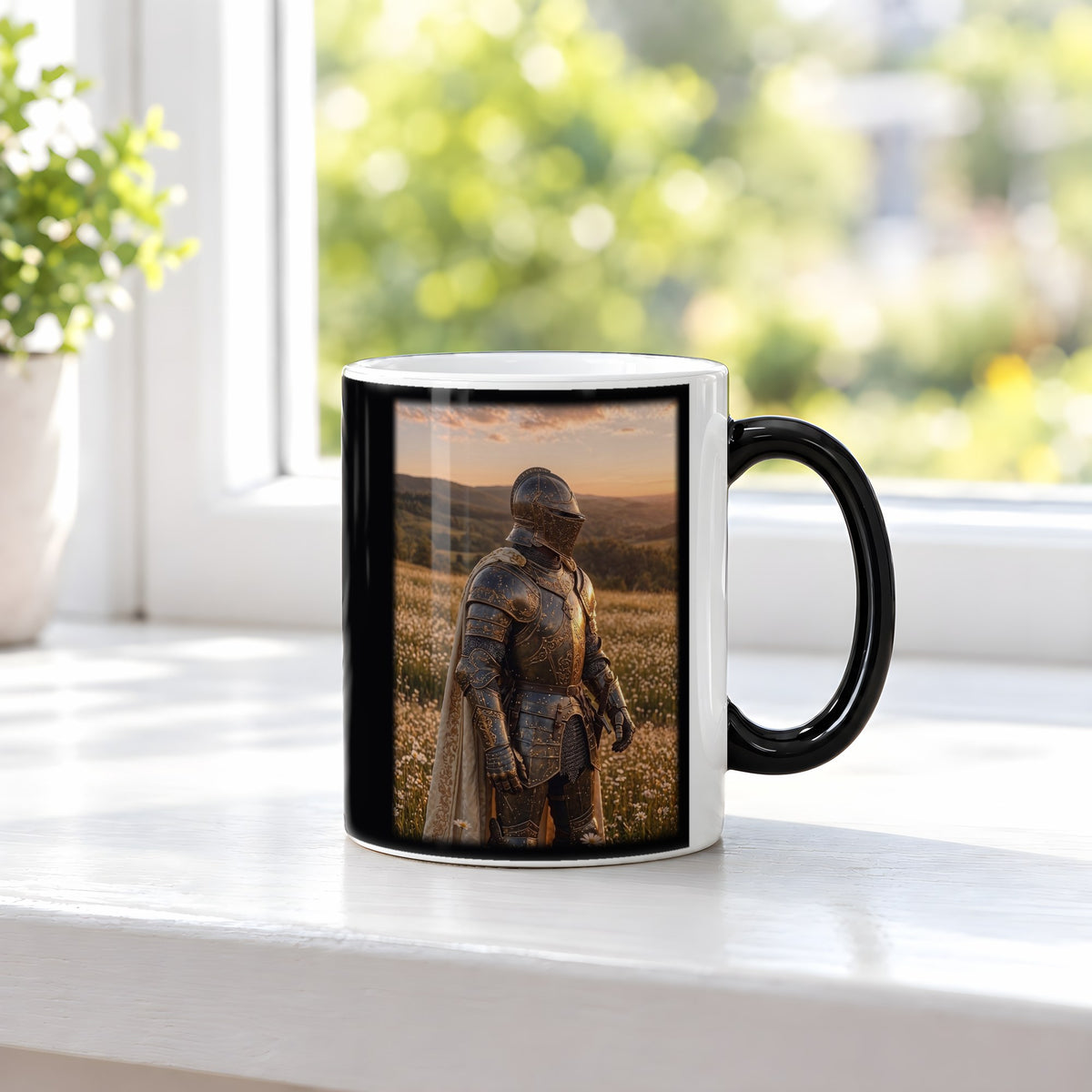 Der Ritter der Blumenwiesen – Black Edition Zaubertasse mit Motiv (heiß), auf der Fensterbank