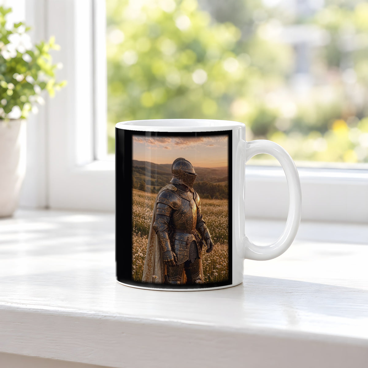 Der Ritter der Blumenwiesen – weiße Tasse, auf der Fensterbank