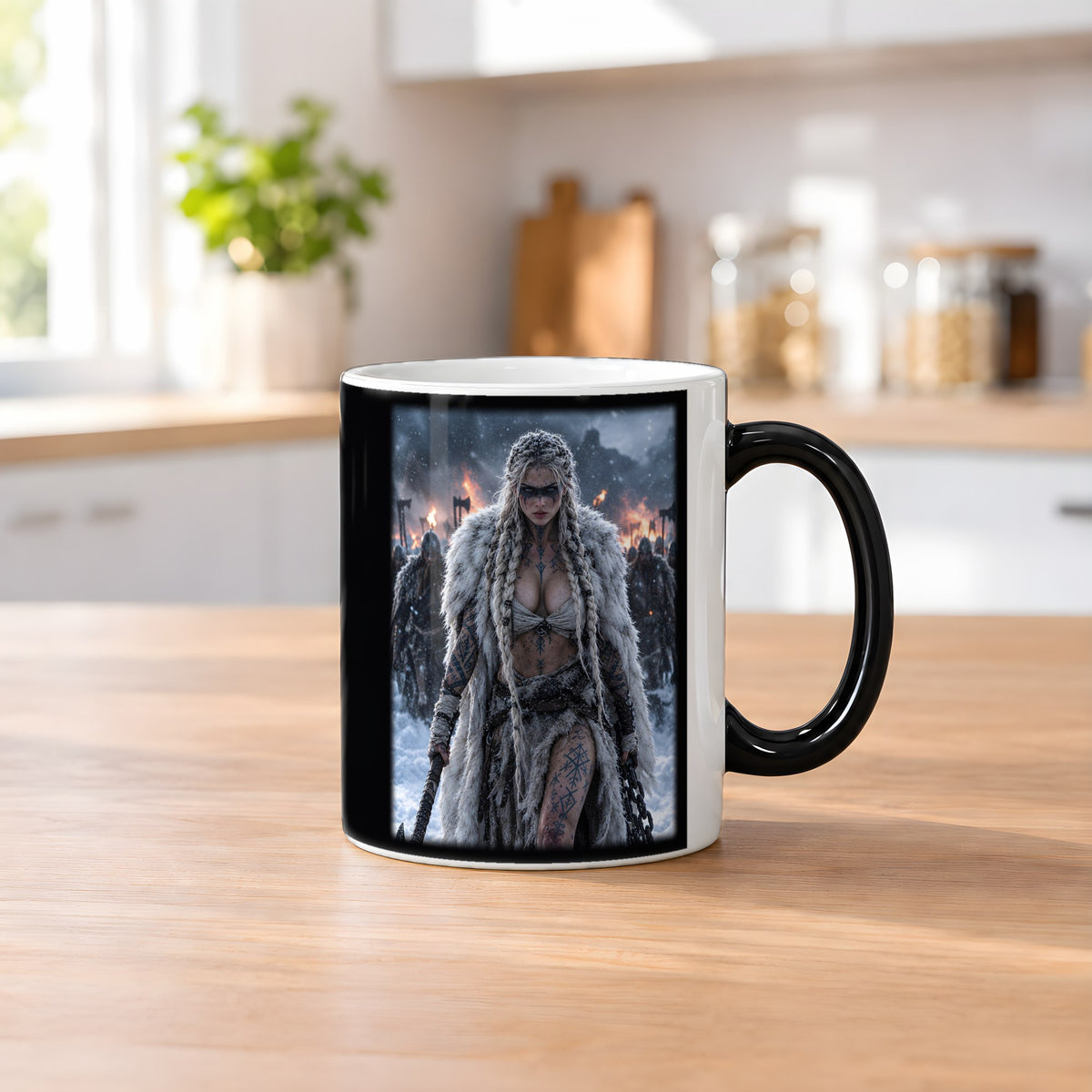 Die Rächerin – Black Edition Zaubertasse mit Motiv (heiß), auf dem Küchentresen