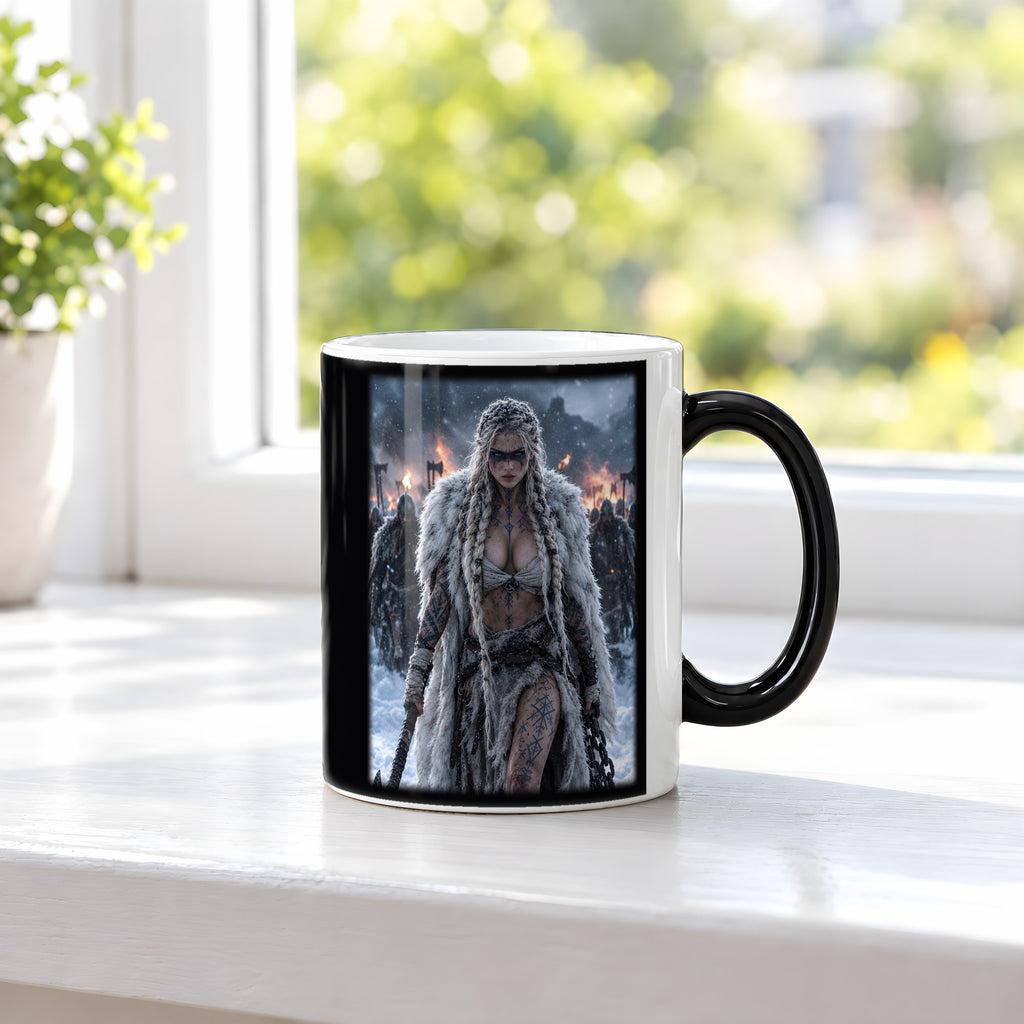 Die Rächerin – Black Edition Zaubertasse mit Motiv (heiß), auf der Fensterbank