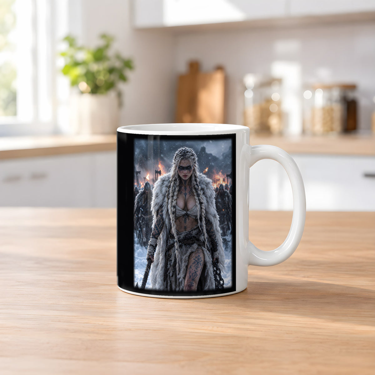 Die Rächerin – weiße Tasse, auf dem Küchentresen