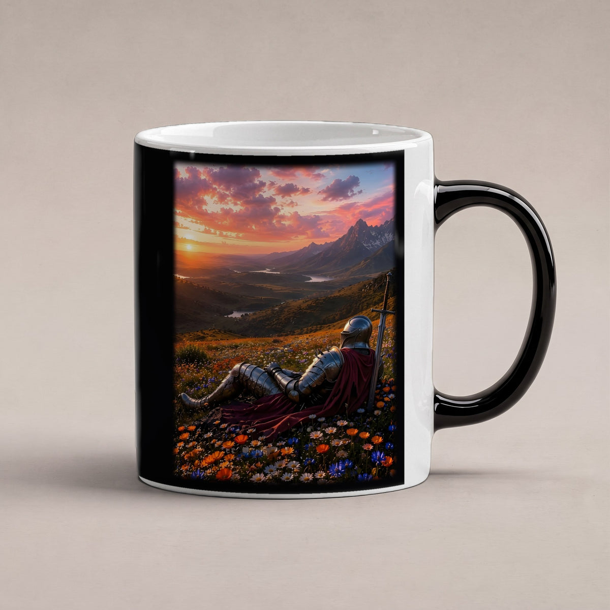 Die Rast des Ritters – Black Edition Zaubertasse mit Motiv (heiß), freigestellt