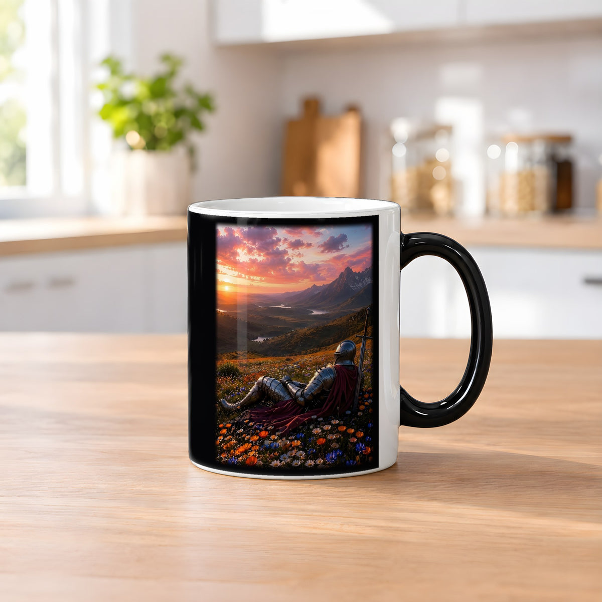 Die Rast des Ritters – Black Edition Zaubertasse mit Motiv (heiß), auf dem Küchentresen