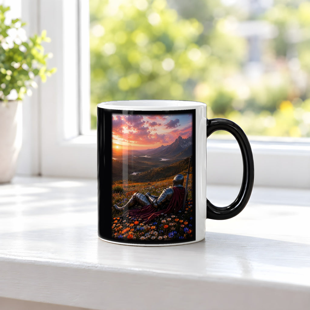 Die Rast des Ritters – Black Edition Zaubertasse mit Motiv (heiß), auf der Fensterbank