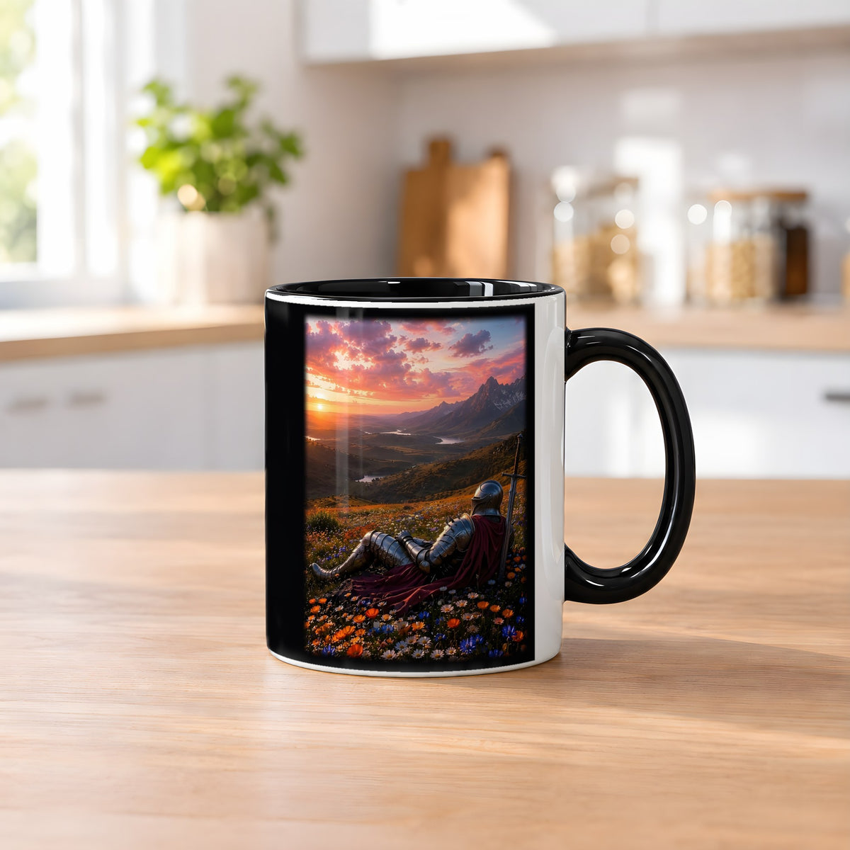 Die Rast des Ritters – Tasse innen schwarz, auf dem Küchentresen