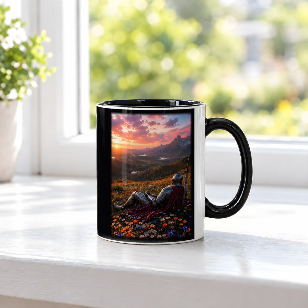 Die Rast des Ritters – Tasse innen schwarz, auf der Fensterbank