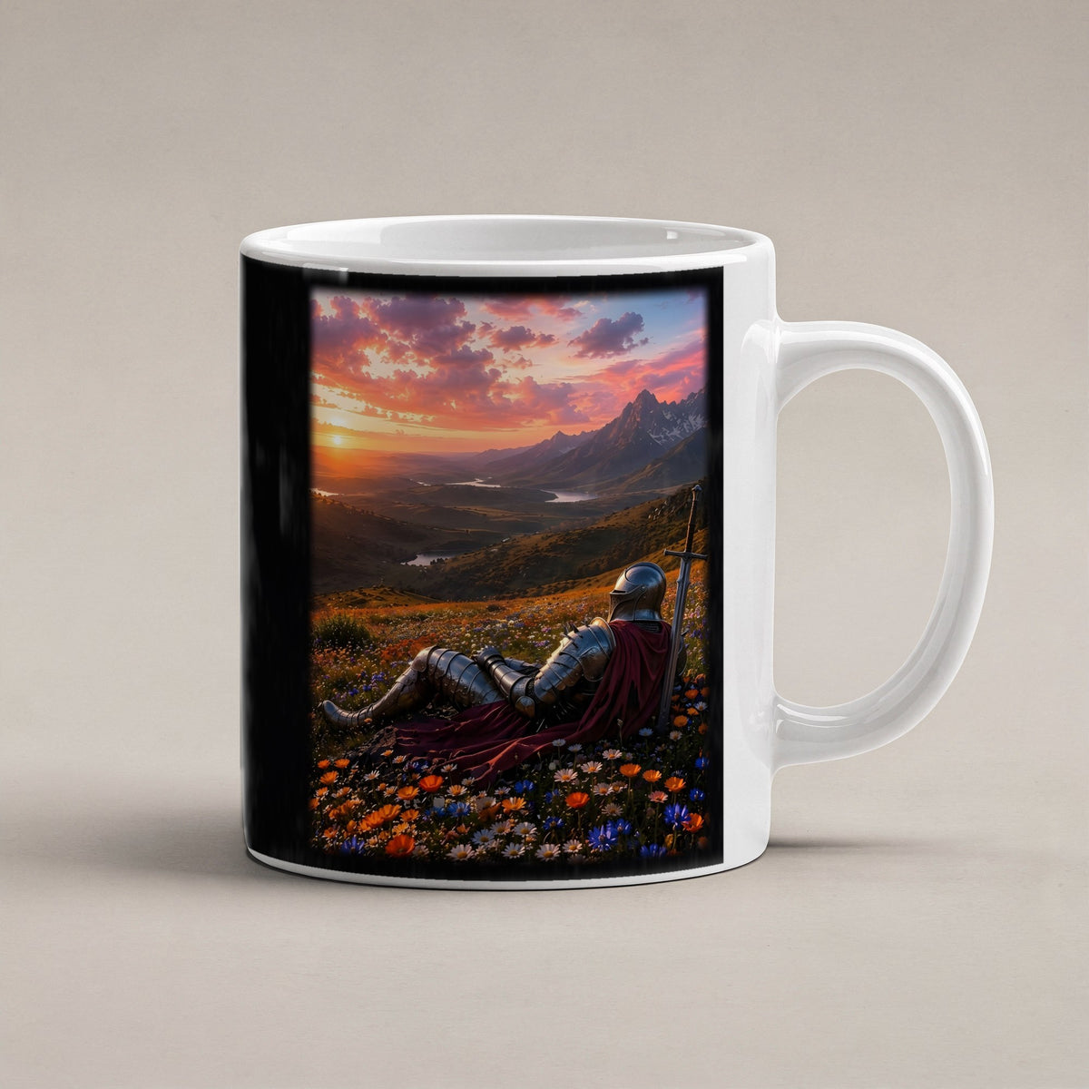Die Rast des Ritters – weiße Tasse, freigestellt
