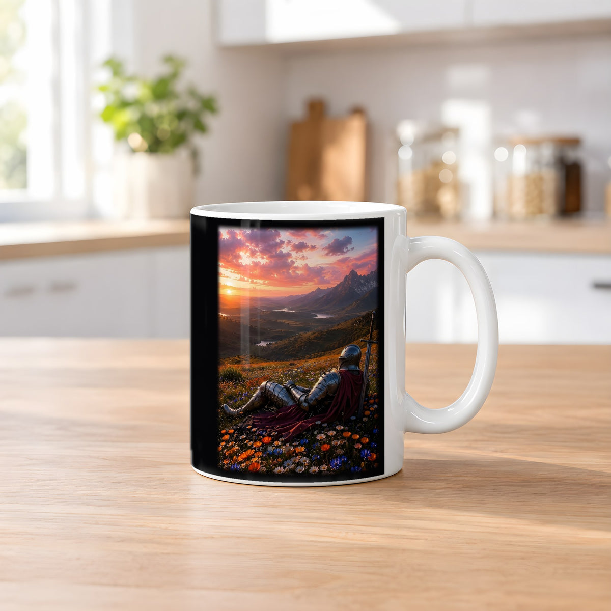 Die Rast des Ritters – weiße Tasse, auf dem Küchentresen