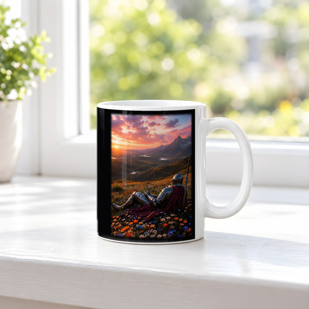 Die Rast des Ritters – weiße Tasse, auf der Fensterbank