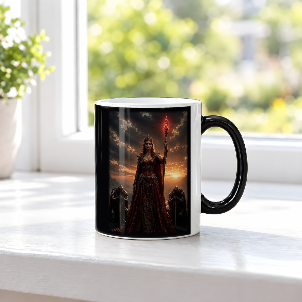 Die Rote Königin – Black Edition Zaubertasse mit Motiv (heiß), auf der Fensterbank
