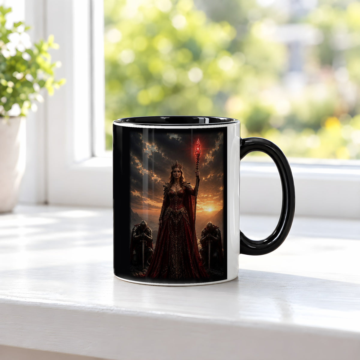 Die Rote Königin – Tasse innen schwarz, auf der Fensterbank
