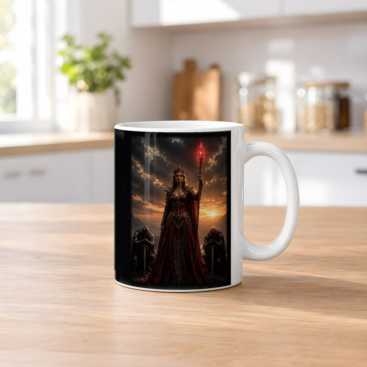 Die Rote Königin – weiße Tasse, auf dem Küchentresen