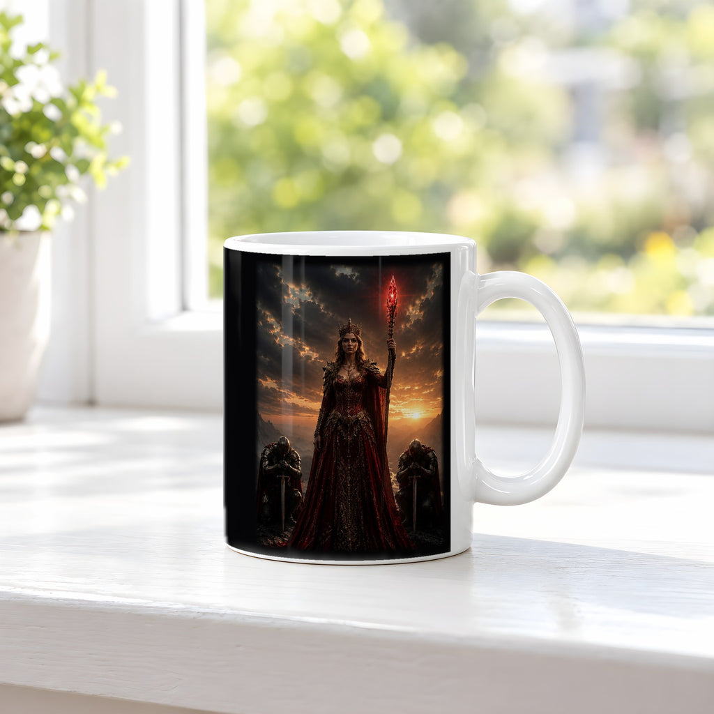 Die Rote Königin – weiße Tasse, auf der Fensterbank