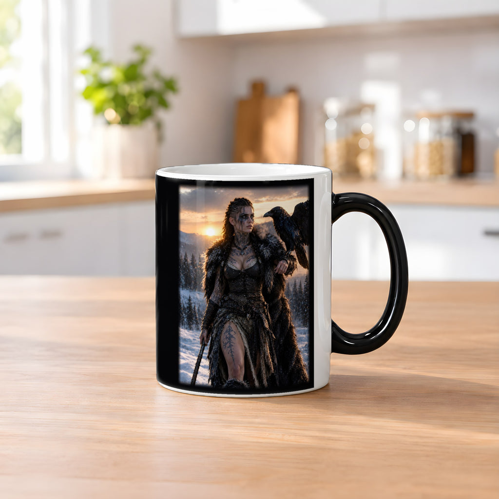 Die Rabenkriegerin – Black Edition Zaubertasse mit Motiv (heiß), auf dem Küchentresen