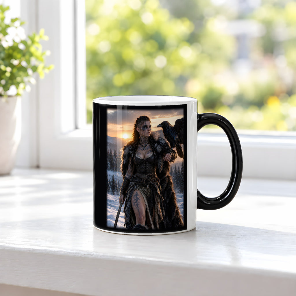 Die Rabenkriegerin – Black Edition Zaubertasse mit Motiv (heiß), auf der Fensterbank