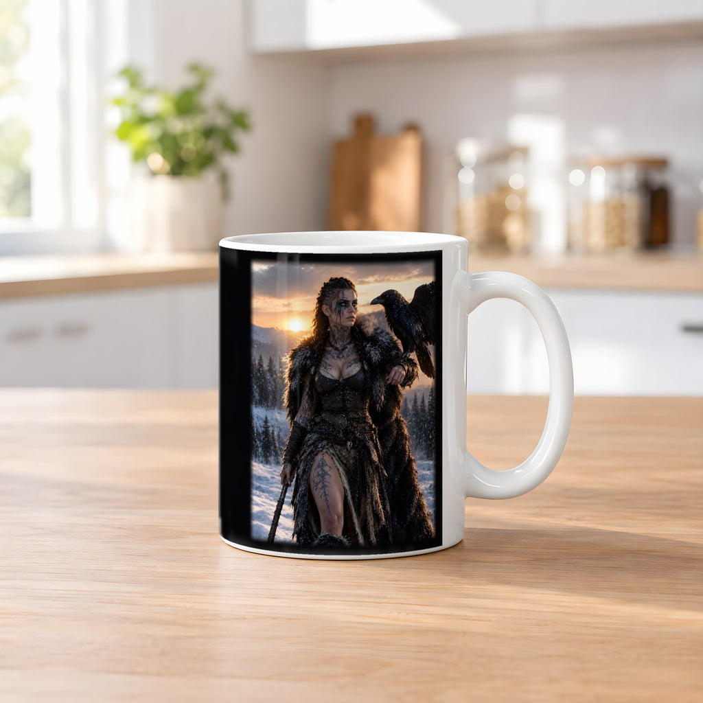 Die Rabenkriegerin – weiße Tasse, auf dem Küchentresen