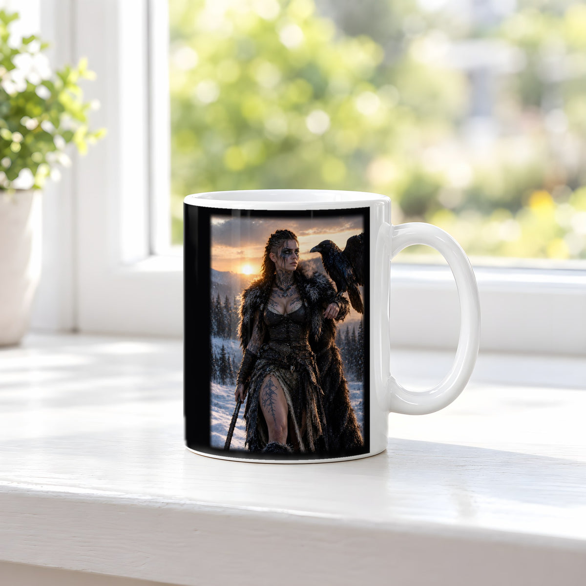 Die Rabenkriegerin – weiße Tasse, auf der Fensterbank
