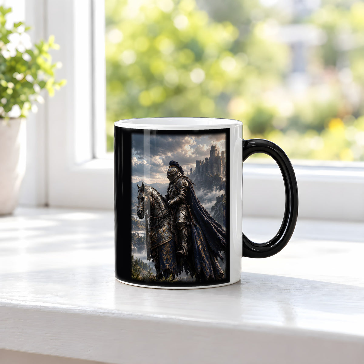 Ritt zur Nebelburg – Black Edition Zaubertasse mit Motiv (heiß), auf der Fensterbank