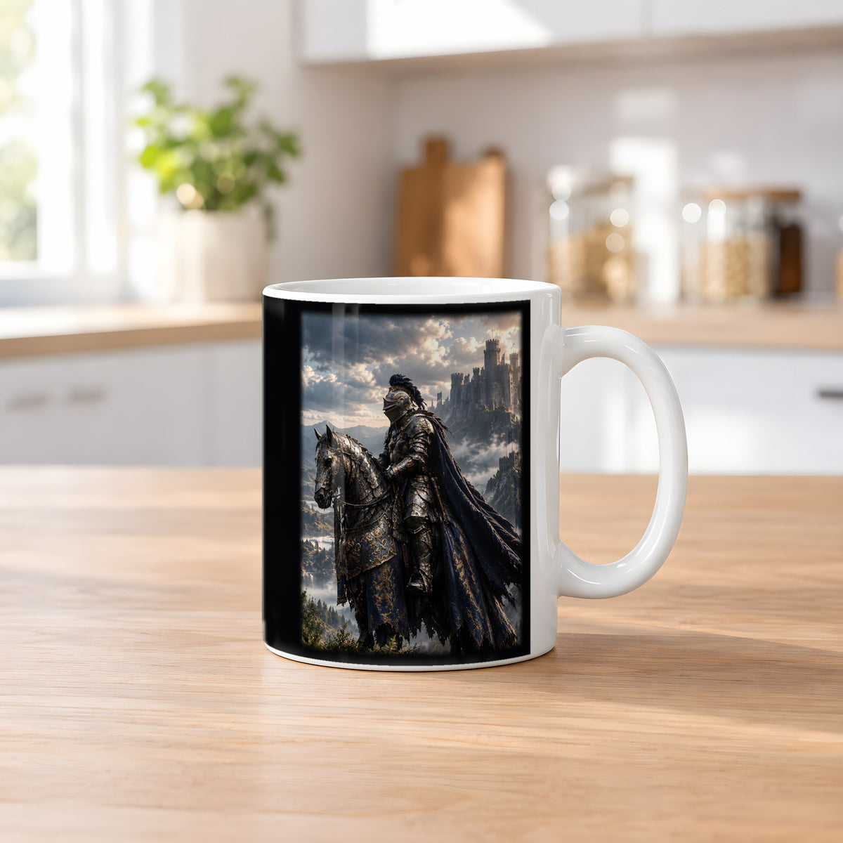 Ritt zur Nebelburg – weiße Tasse, auf dem Küchentresen