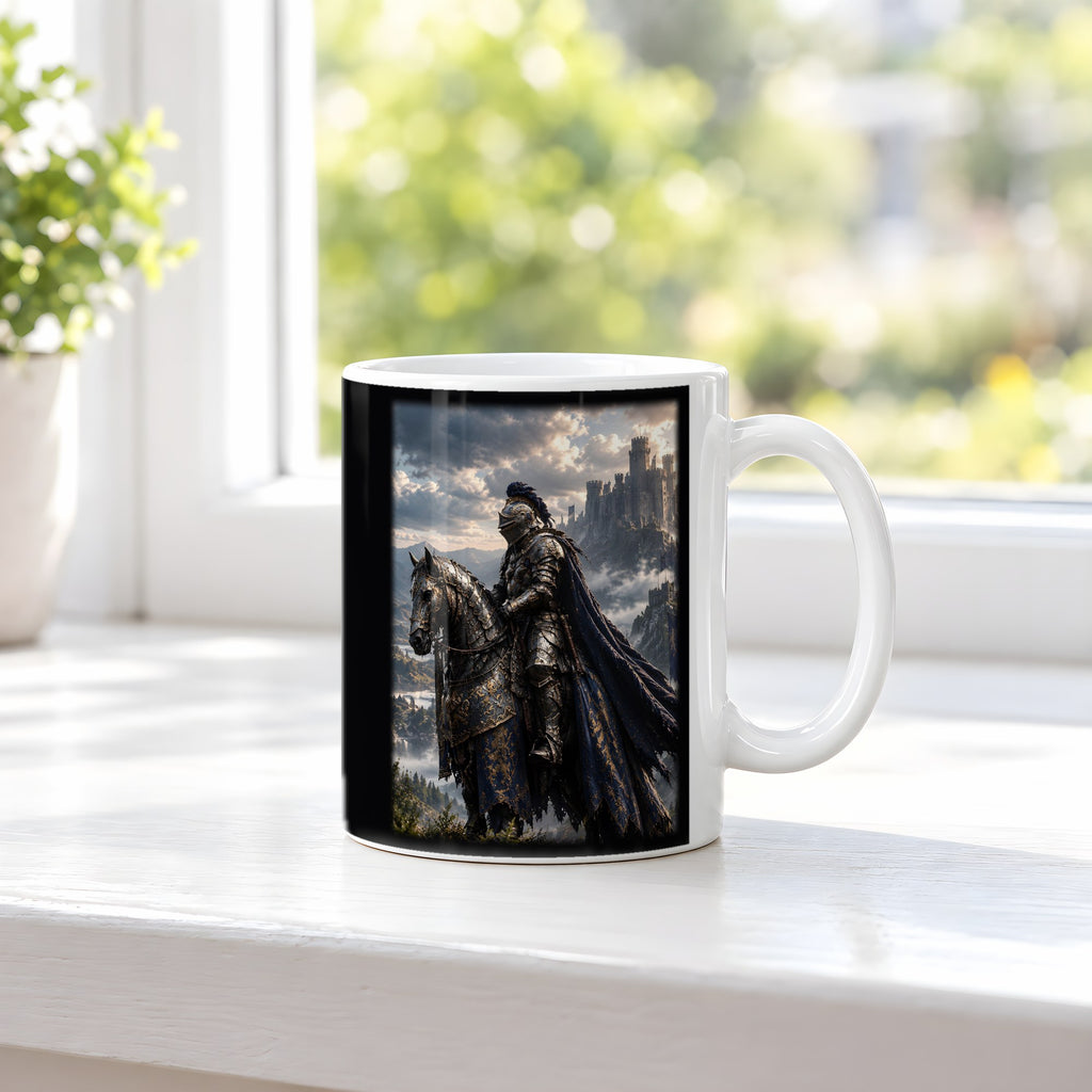 Ritt zur Nebelburg – weiße Tasse, auf der Fensterbank