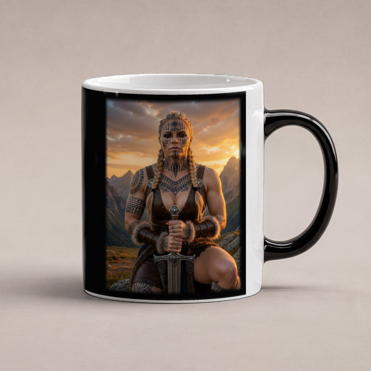Die Runenkriegerin – Black Edition Zaubertasse mit Motiv (heiß), freigestellt