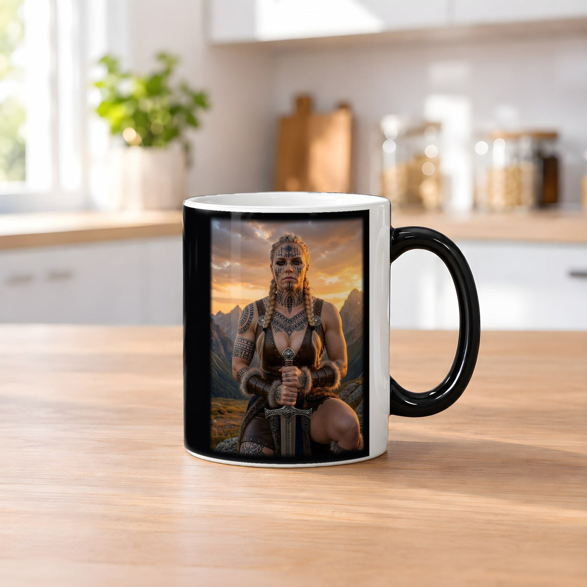 Die Runenkriegerin – Black Edition Zaubertasse mit Motiv (heiß), auf dem Küchentresen