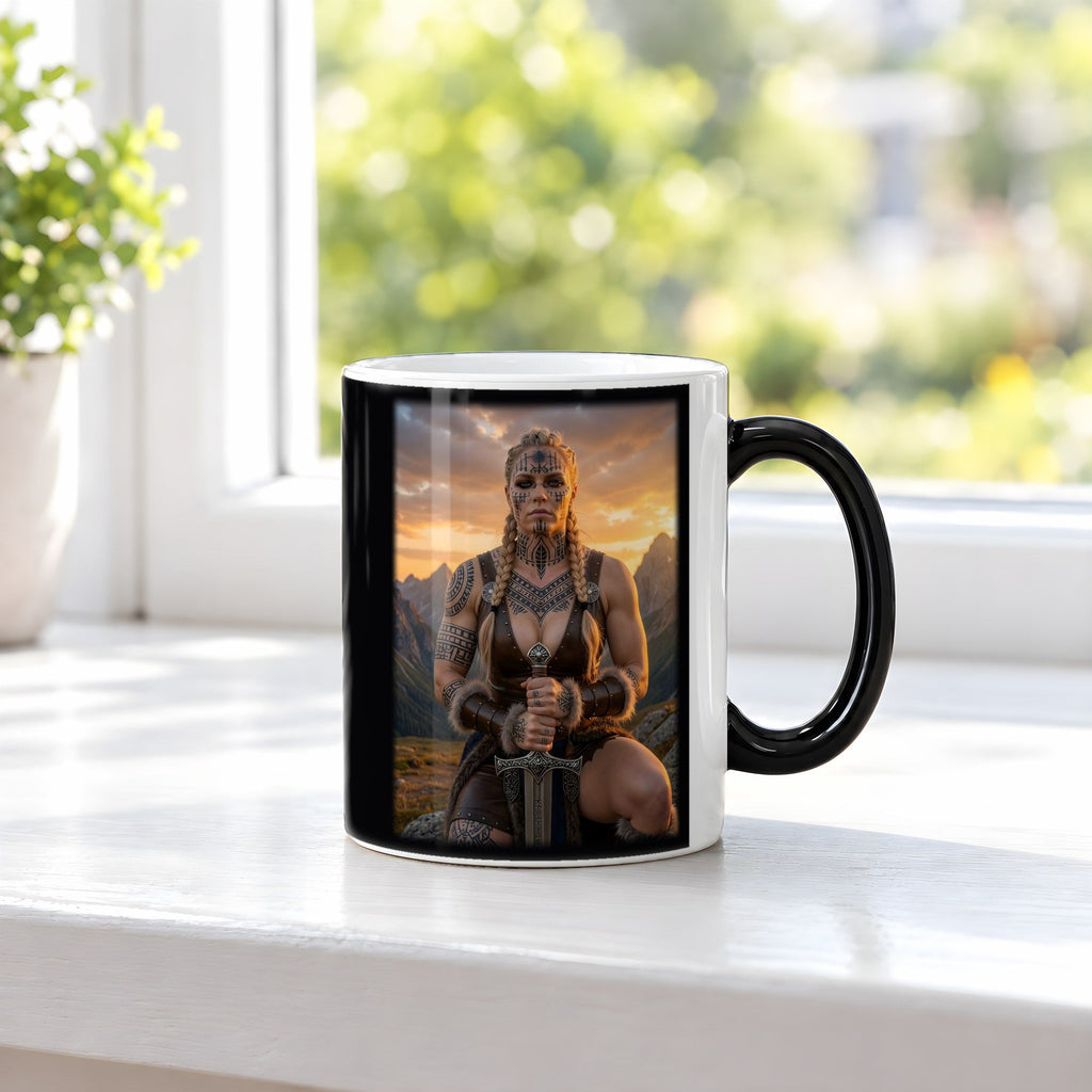 Die Runenkriegerin – Black Edition Zaubertasse mit Motiv (heiß), auf der Fensterbank