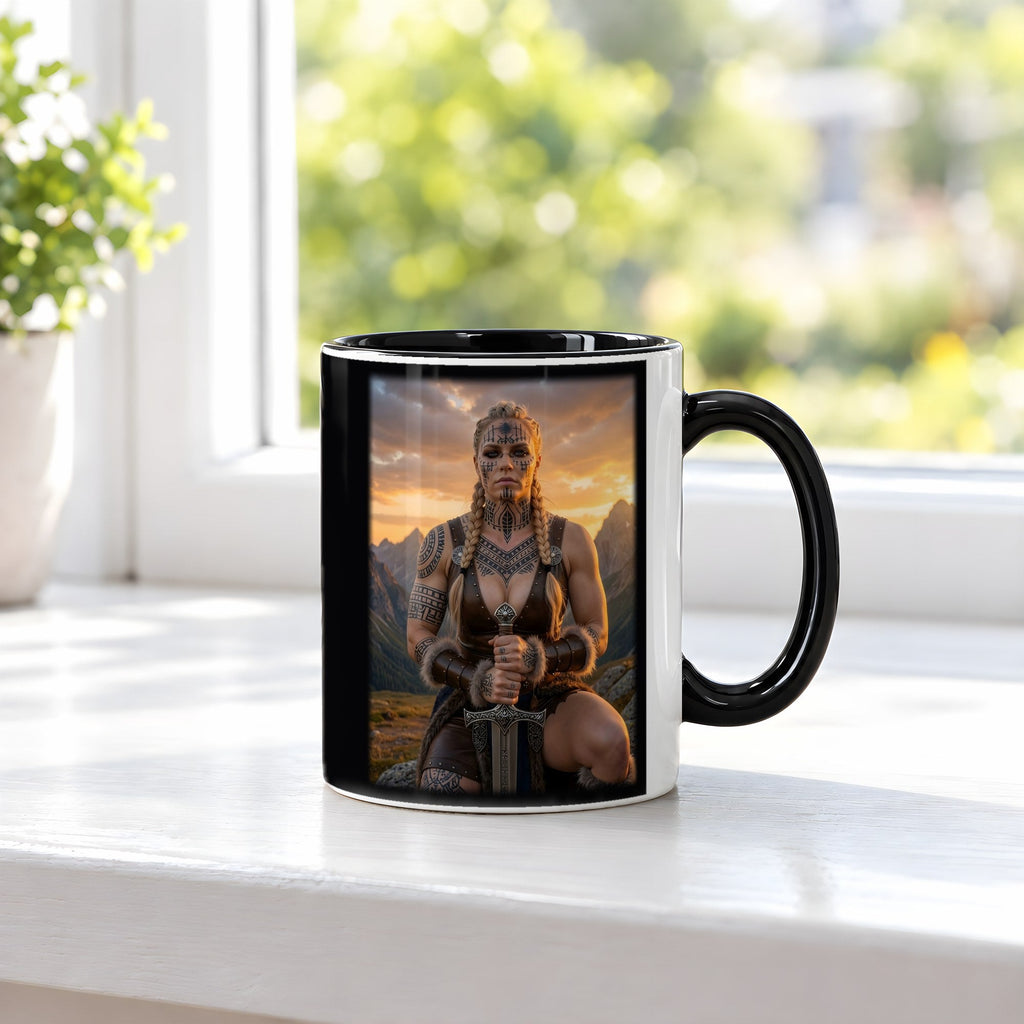Die Runenkriegerin – Tasse innen schwarz, auf der Fensterbank