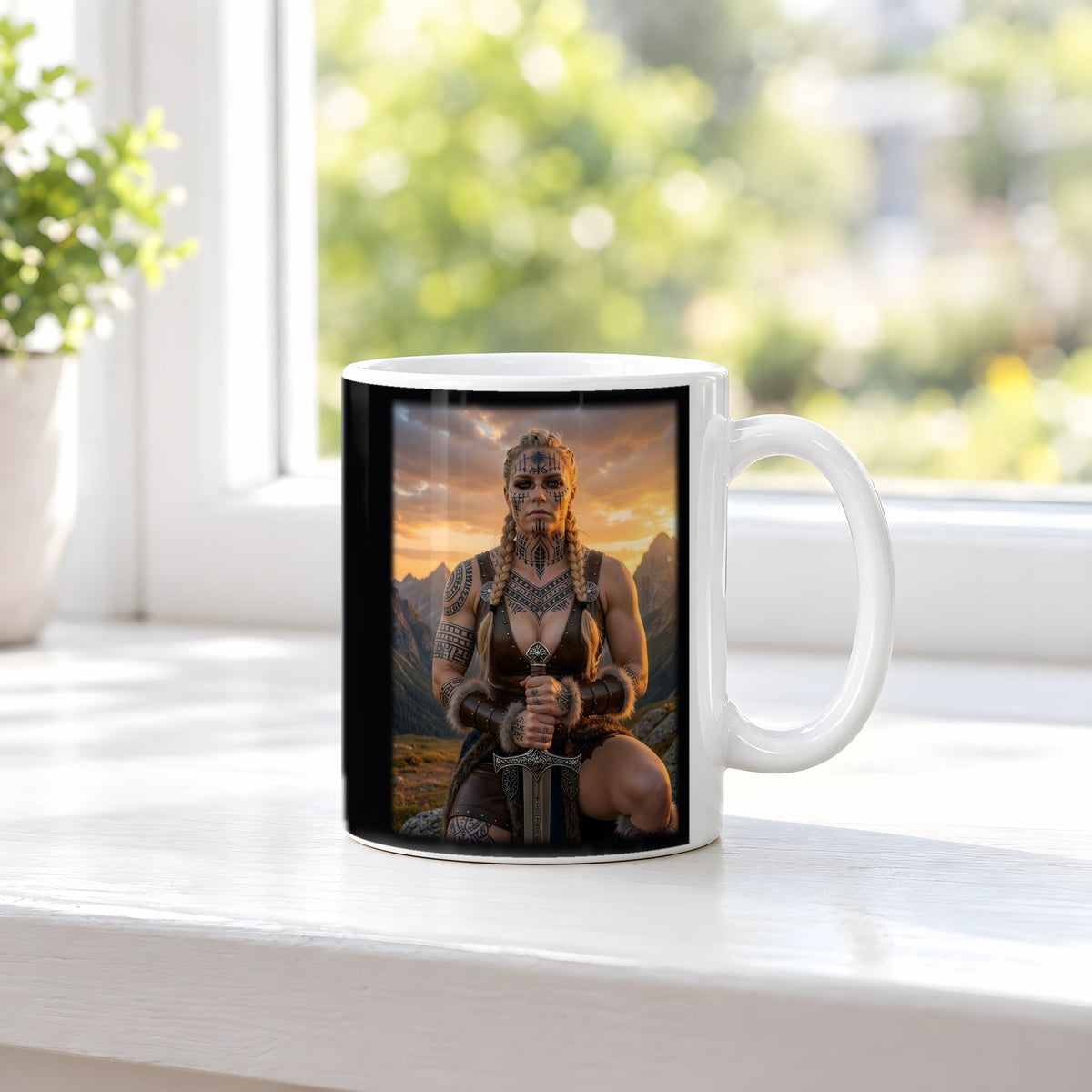 Die Runenkriegerin – weiße Tasse, auf der Fensterbank