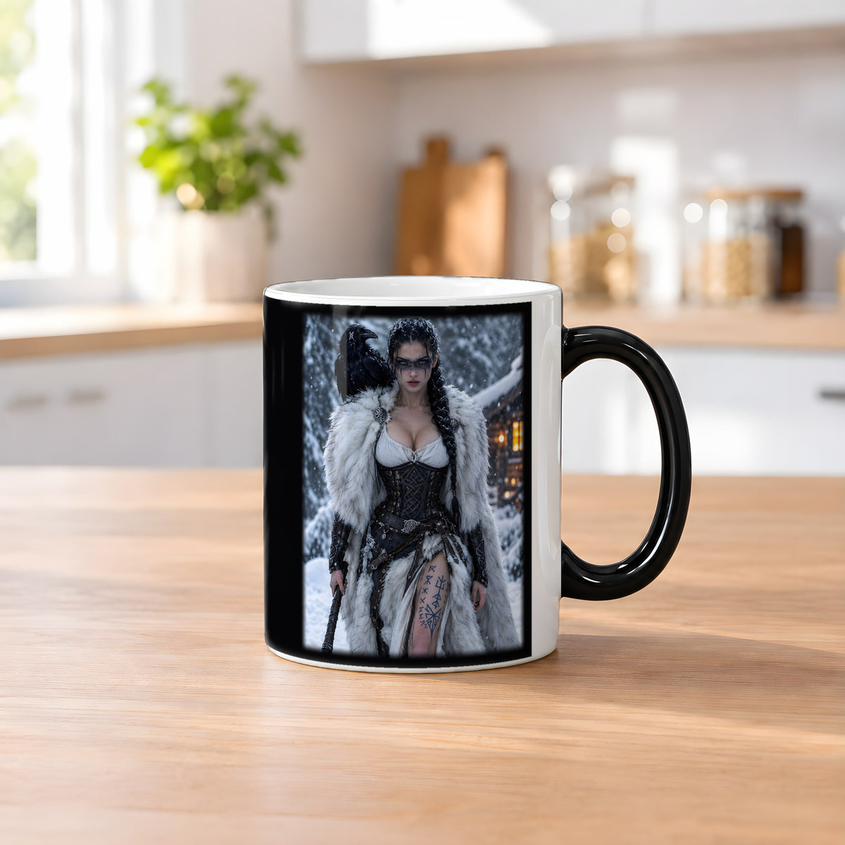 Die Rabenschildmaid – Black Edition Zaubertasse mit Motiv (heiß), auf dem Küchentresen