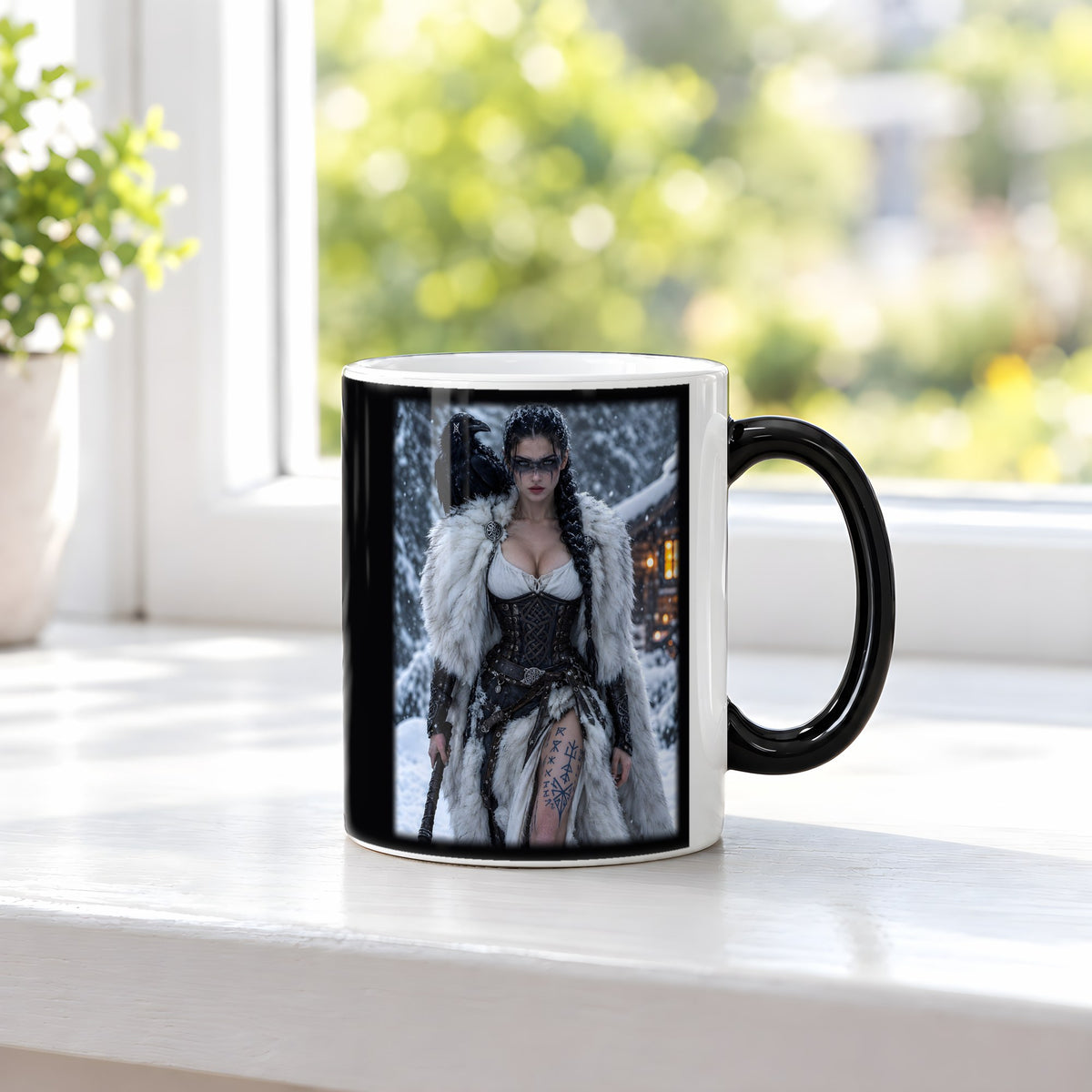 Die Rabenschildmaid – Black Edition Zaubertasse mit Motiv (heiß), auf der Fensterbank