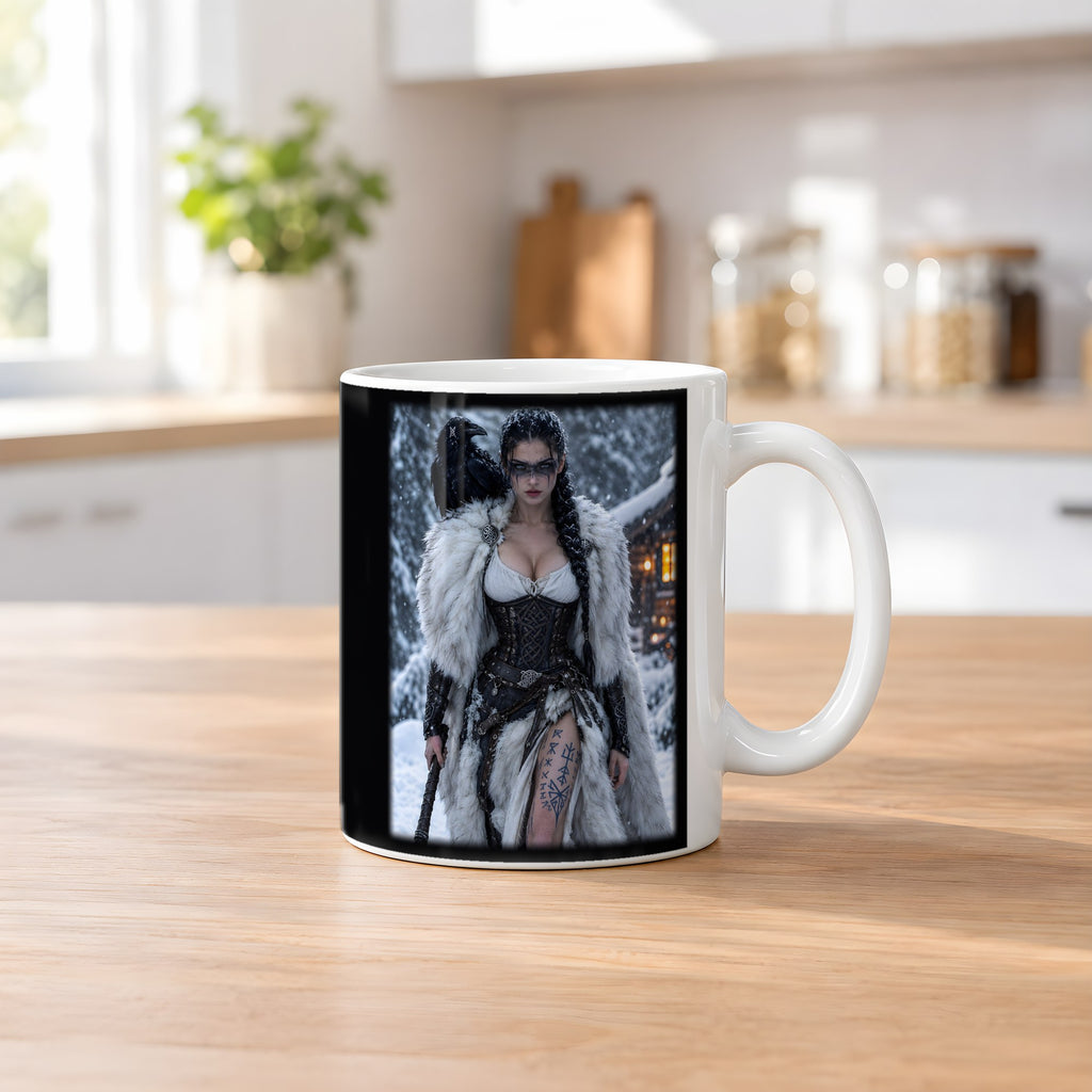 Die Rabenschildmaid – weiße Tasse, auf dem Küchentresen