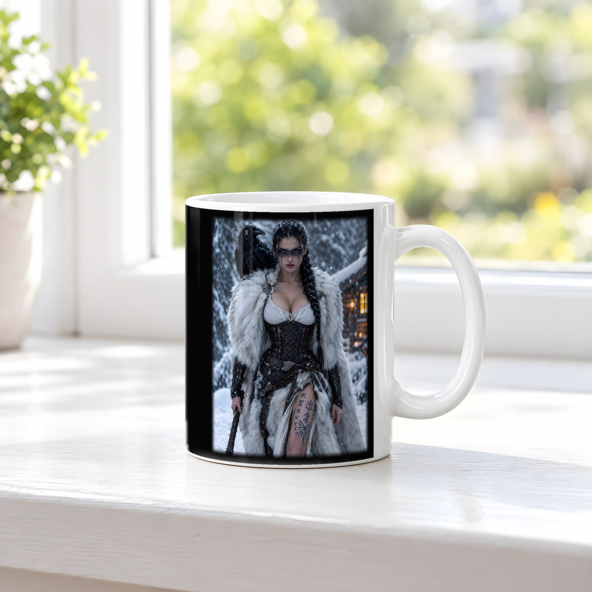 Die Rabenschildmaid – weiße Tasse, auf der Fensterbank