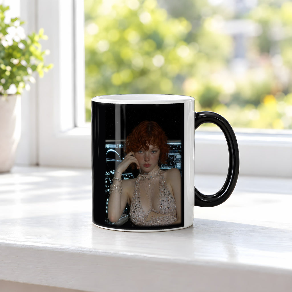 Rubinrausch – Black Edition Zaubertasse mit Motiv (heiß), auf der Fensterbank