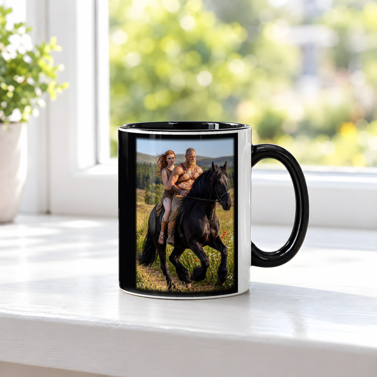 Sommerritt – Tasse innen schwarz, auf der Fensterbank