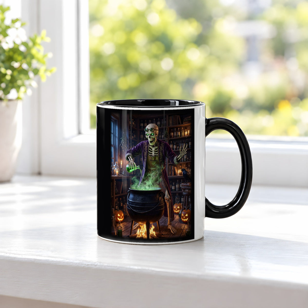 Der Alchemist – Tasse innen schwarz, auf der Fensterbank