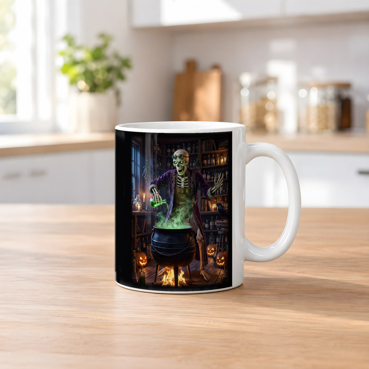 Der Alchemist – weiße Tasse, auf dem Küchentresen