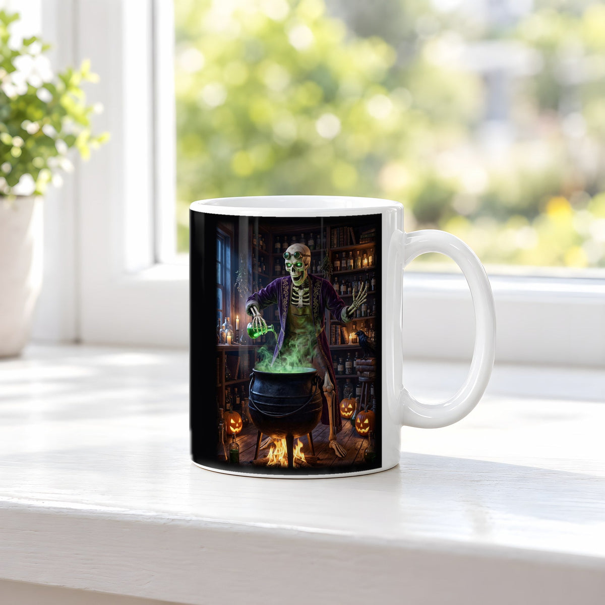 Der Alchemist – weiße Tasse, auf der Fensterbank