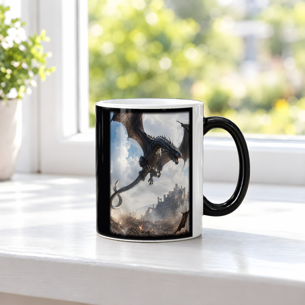 Die Silberschwinge – Black Edition Zaubertasse mit Motiv (heiß), auf der Fensterbank