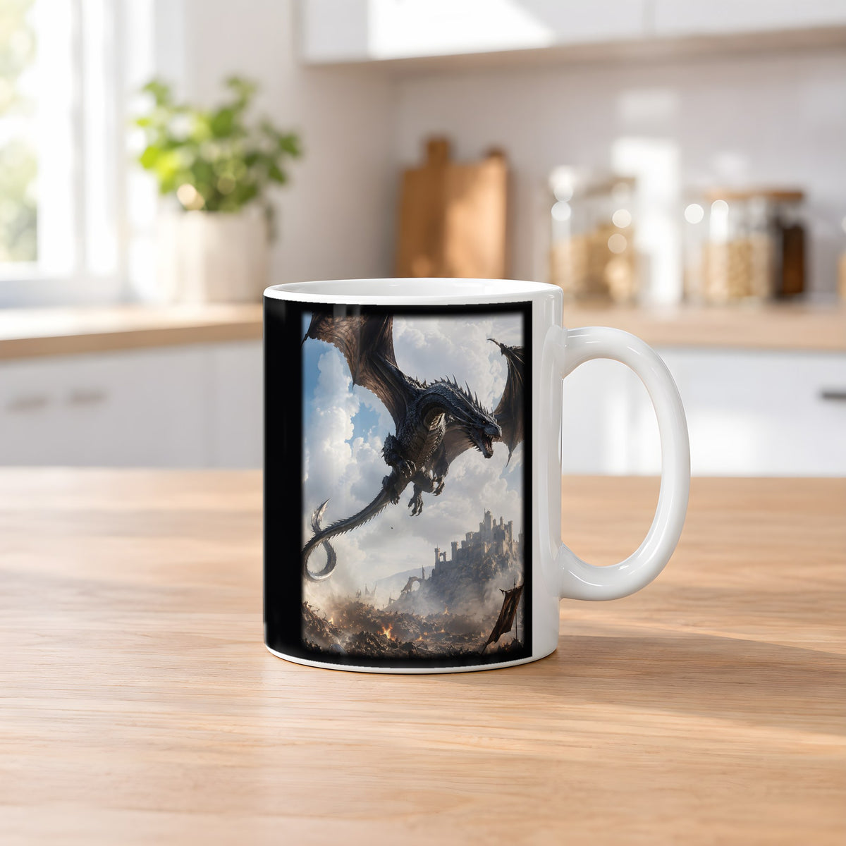 Die Silberschwinge – weiße Tasse, auf dem Küchentresen