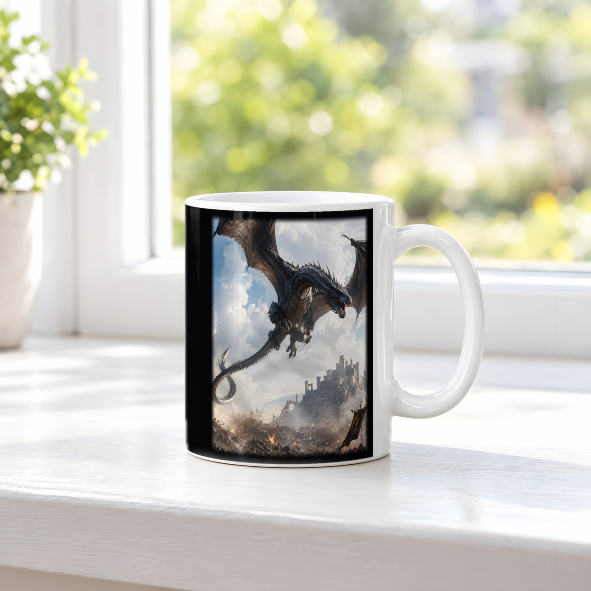Die Silberschwinge – weiße Tasse, auf der Fensterbank