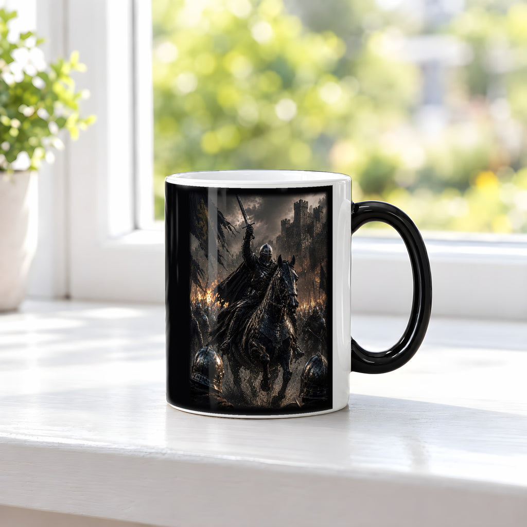 Schatten überm Feld – Black Edition Zaubertasse mit Motiv (heiß), auf der Fensterbank