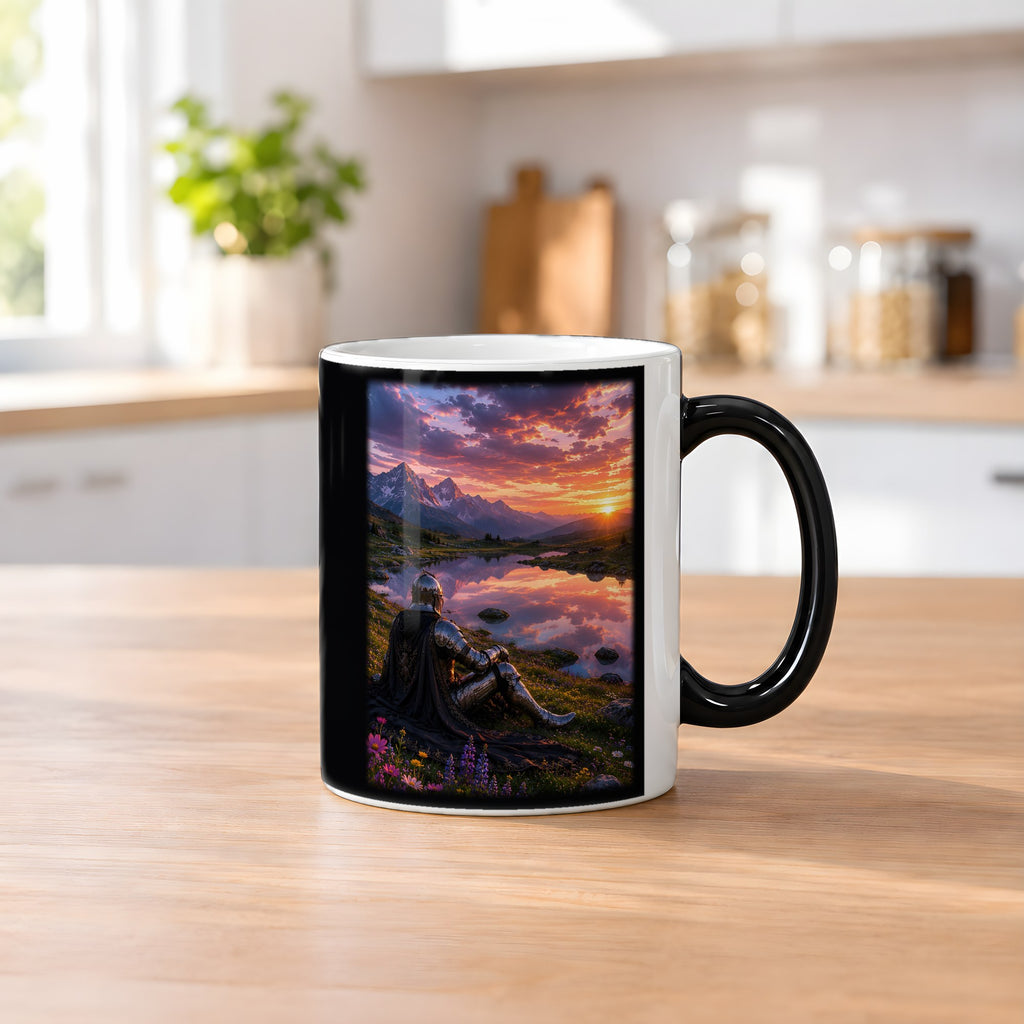 Der Spiegel des Himmels – Black Edition Zaubertasse mit Motiv (heiß), auf dem Küchentresen