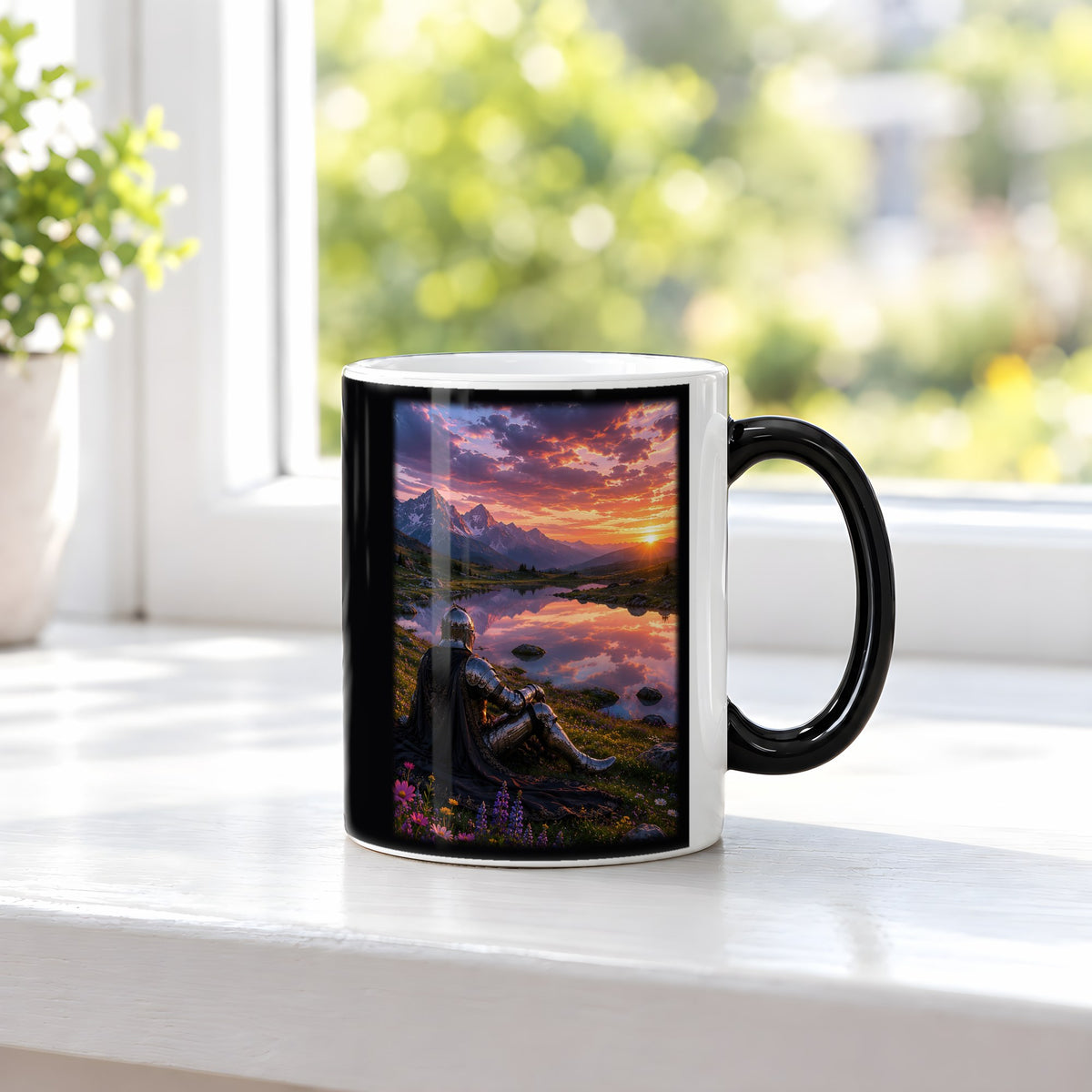 Der Spiegel des Himmels – Black Edition Zaubertasse mit Motiv (heiß), auf der Fensterbank